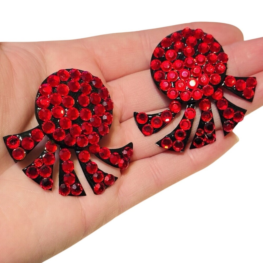 VTG Earrings Red Austrian Crystal rhinestone Pierced Chunky Sparkly 80s Jeweled